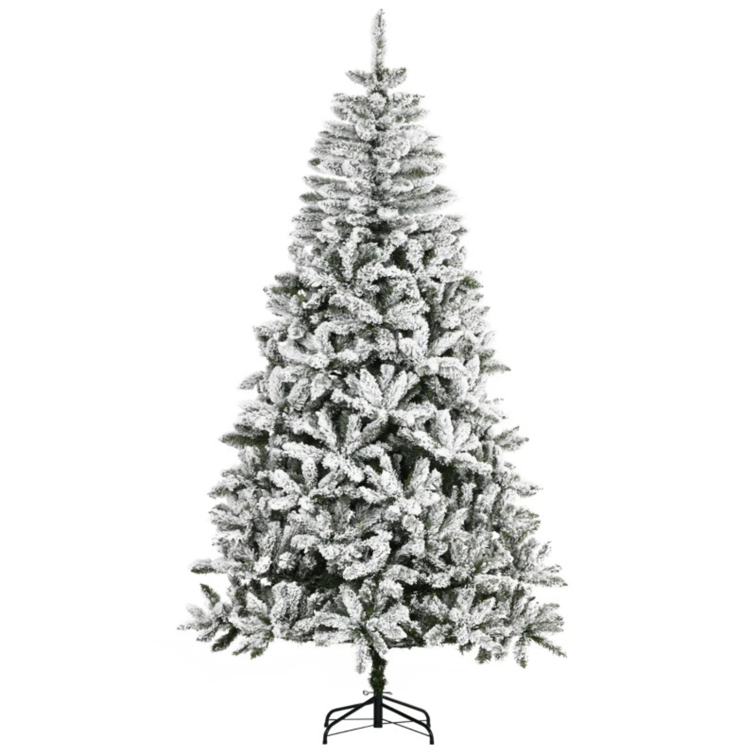 A 7.5-foot snow-flocked artificial Christmas tree with dense, frosted branches and a sturdy metal stand, giving the appearance of being covered in snow.