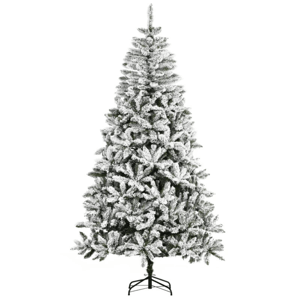 A 7.5-foot snow-flocked artificial Christmas tree with dense, frosted branches and a sturdy metal stand, giving the appearance of being covered in snow.