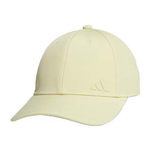 A light yellow baseball cap featuring a subtle embossed logo on the side, with a curved visor and ventilation eyelets.
