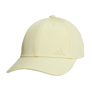A light yellow baseball cap featuring a subtle embossed logo on the side, with a curved visor and ventilation eyelets.