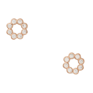 Pair of circular stud earrings with a flower-like design, featuring small round diamonds set in rose gold.