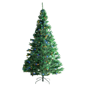 Artificial Christmas tree with multi-colored lights on a metal stand.