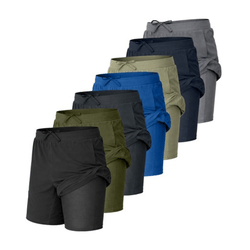 A collection of men's shorts in various colors, including black, olive green, blue, gray, and beige, with drawstring closures.