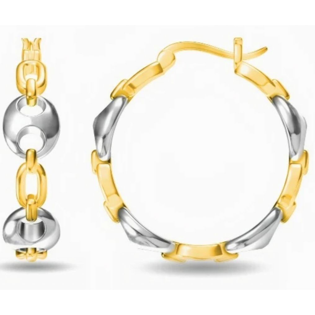 These hoop earrings feature an alternating two-tone design with silver and gold colors and interlocking circular links.
