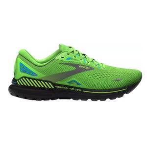 Lime green Brooks running shoe with black details and cushioned sole.