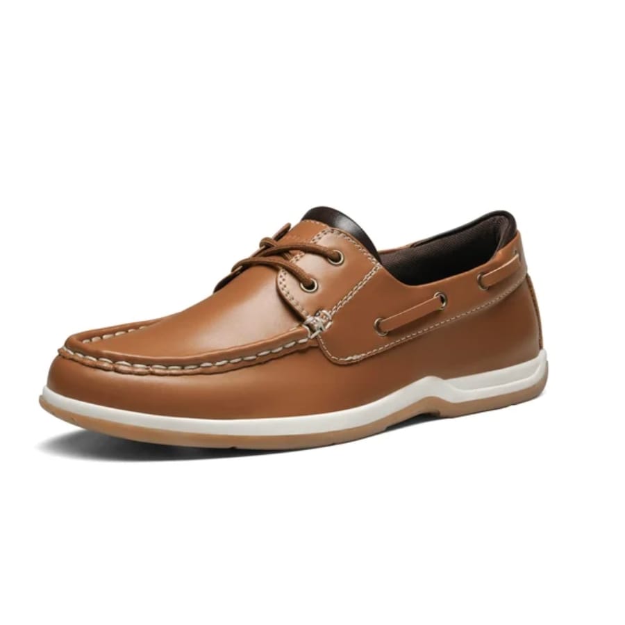 A single brown boat shoe with white sole and leather lacing.