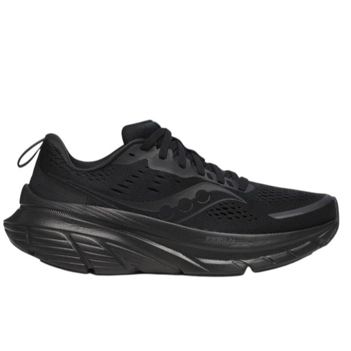 Black athletic running shoe with a thick, cushioned sole and breathable mesh upper.