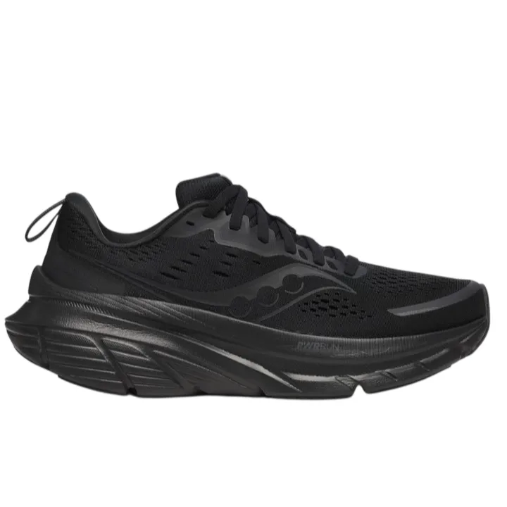 Black athletic running shoe with a thick, cushioned sole and breathable mesh upper.