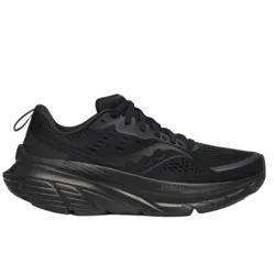 Black athletic running shoe with a thick, cushioned sole and breathable mesh upper.