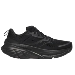 Black athletic running shoe with a thick, cushioned sole and breathable mesh upper.