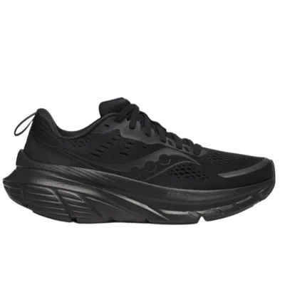 Black athletic running shoe with a thick, cushioned sole and breathable mesh upper.