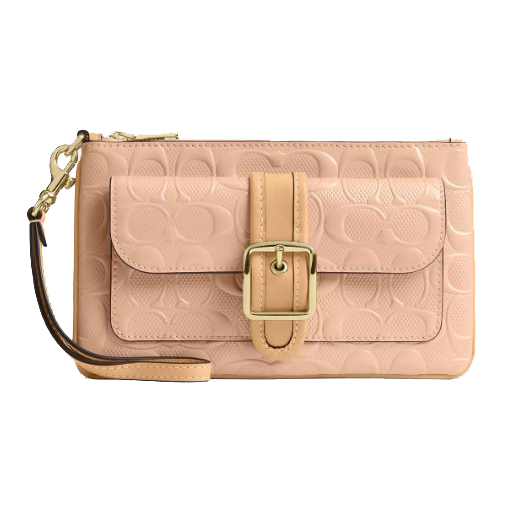 A beige wristlet clutch with a decorative buckle on the front pocket, featuring embossed patterns and a detachable wrist strap with a gold clasp.