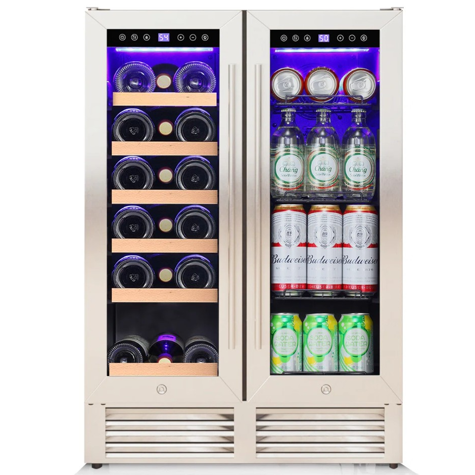 A dual-zone beverage fridge with wine bottles on the left and cans and bottles of drinks, including Budweiser and sparkling water, on the right, with separate temperature controls for each side.