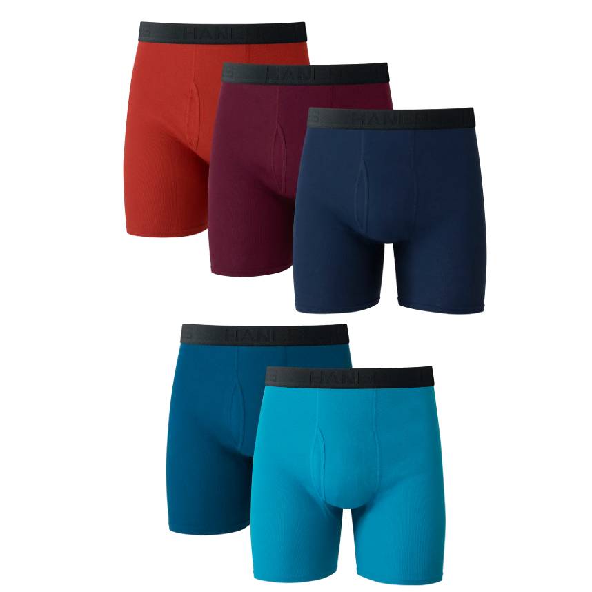 A set of five pairs of men's boxer briefs in assorted colors: red, burgundy, navy, teal, and light blue, each with a black waistband featuring subtle branding.