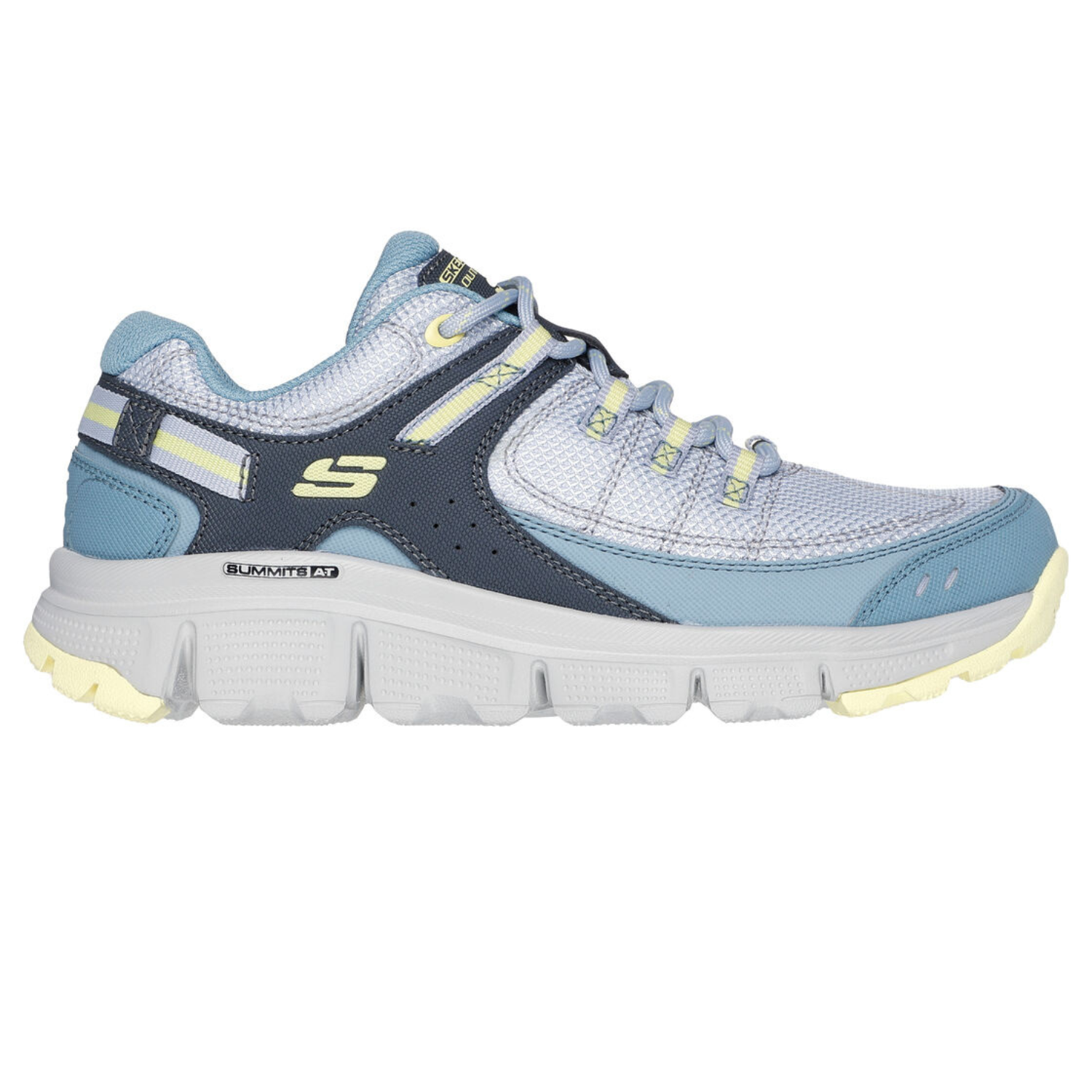 The Skechers Summits AT shoes are light blue athletic sneakers with a white and yellow sole, featuring a breathable mesh upper, navy accents, and a cushioned midsole for comfort.