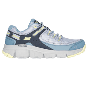 The Skechers Summits AT shoes are light blue athletic sneakers with a white and yellow sole, featuring a breathable mesh upper, navy accents, and a cushioned midsole for comfort.