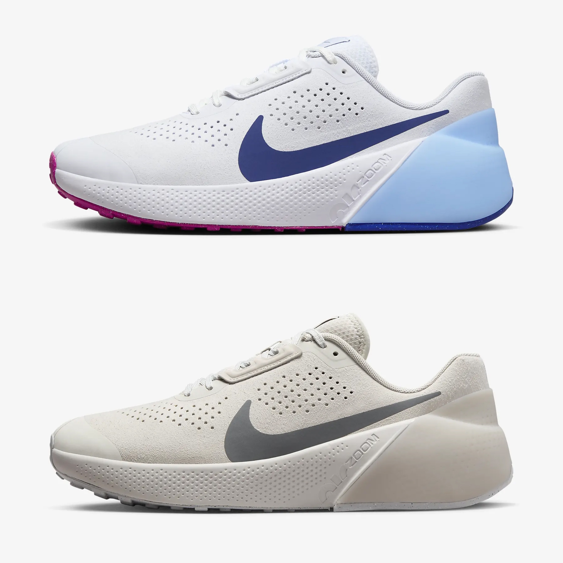 Two pairs of Nike running shoes, one white with blue and pink details and the other in a beige tone with a black swoosh logo.