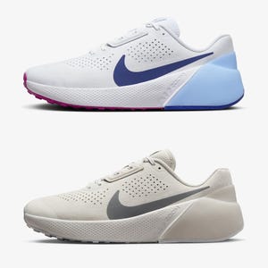 Two pairs of Nike running shoes, one white with blue and pink details and the other in a beige tone with a black swoosh logo.