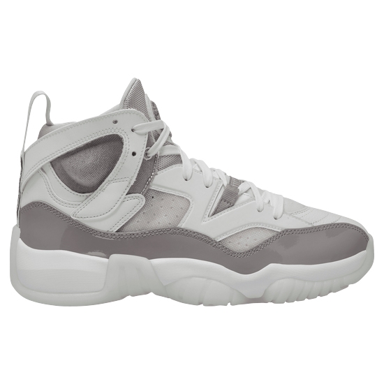 A high-top sneaker in white and gray with a chunky sole and pull loop on the heel.