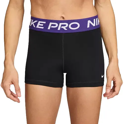 Black Nike Pro compression shorts with a purple waistband featuring the Nike logo.