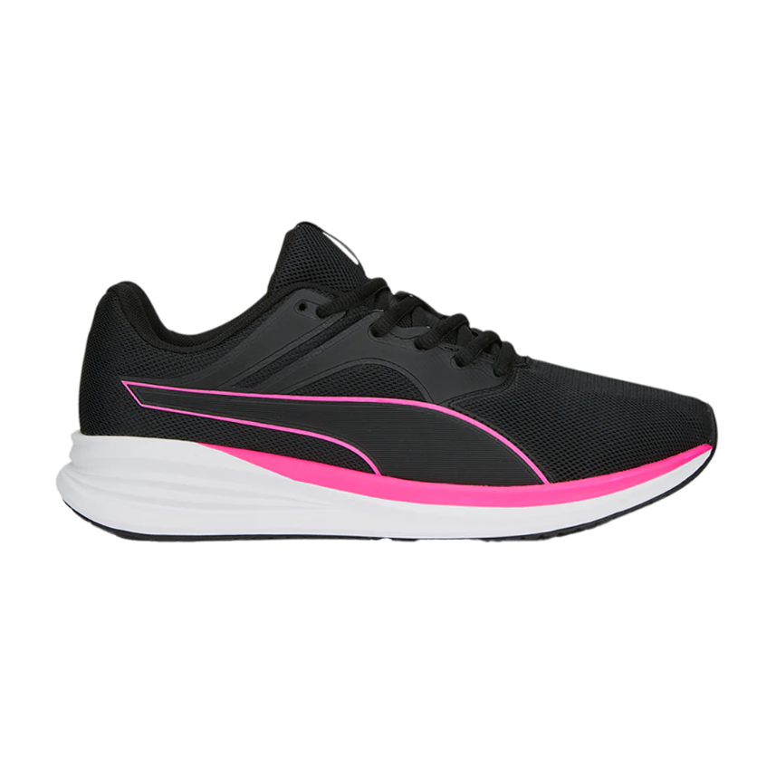 Black athletic shoe with pink accents, featuring a thick white sole and lace-up design.