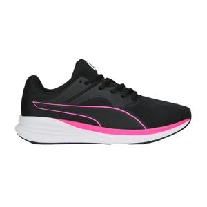 Black athletic shoe with pink accents, featuring a thick white sole and lace-up design.