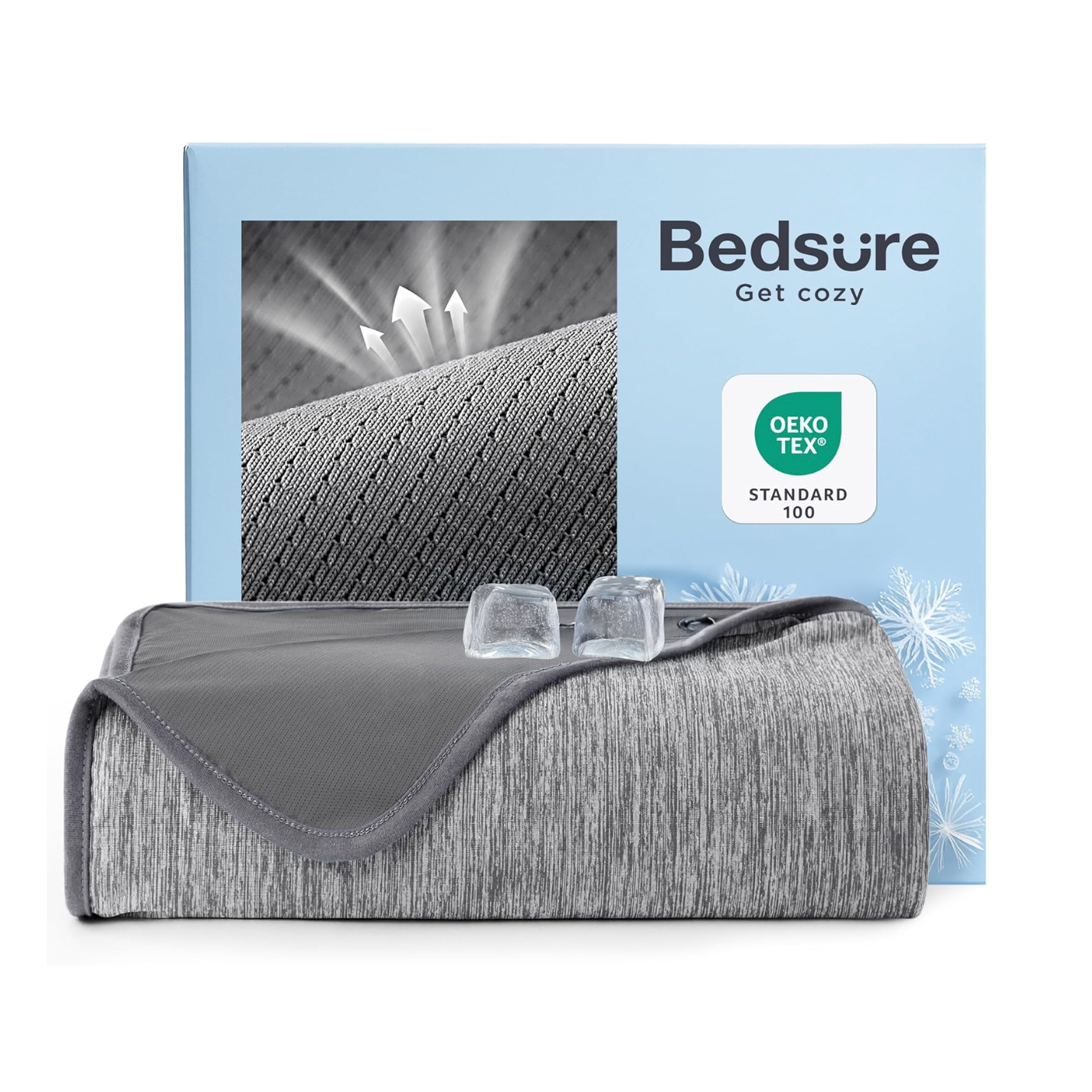 Bedsure cooling blanket (70\“) in gray, featuring a breathable, moisture-wicking fabric. Certified by OEKO-TEX Standard 100, the packaging suggests temperature regulation with cooling properties.