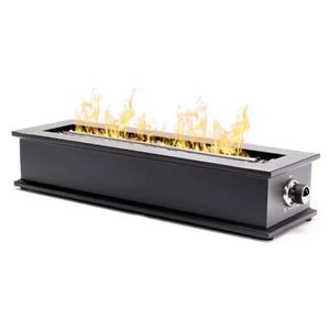 Rectangular black tabletop fire pit with an adjustable flame control knob, featuring a sleek, minimalist design and a visible line of flames running lengthwise along the top.