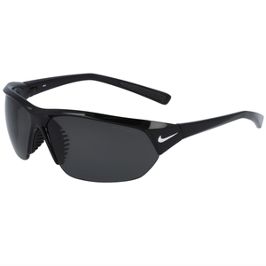 Nike Skylon Polarized Wrap Sunglasses feature a sleek black frame with dark, semi-rimless lenses and a small white Nike swoosh on the temple, designed for sports and outdoor activities.