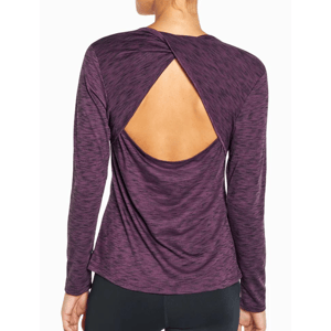 A purple, long-sleeved Marika scoopneck top featuring a draped, open back design for a modern, athletic look.
