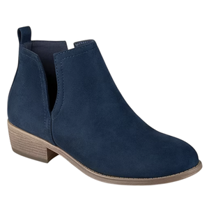 A navy blue ankle boot with a low stacked heel and side cutouts for easy slip-on access.