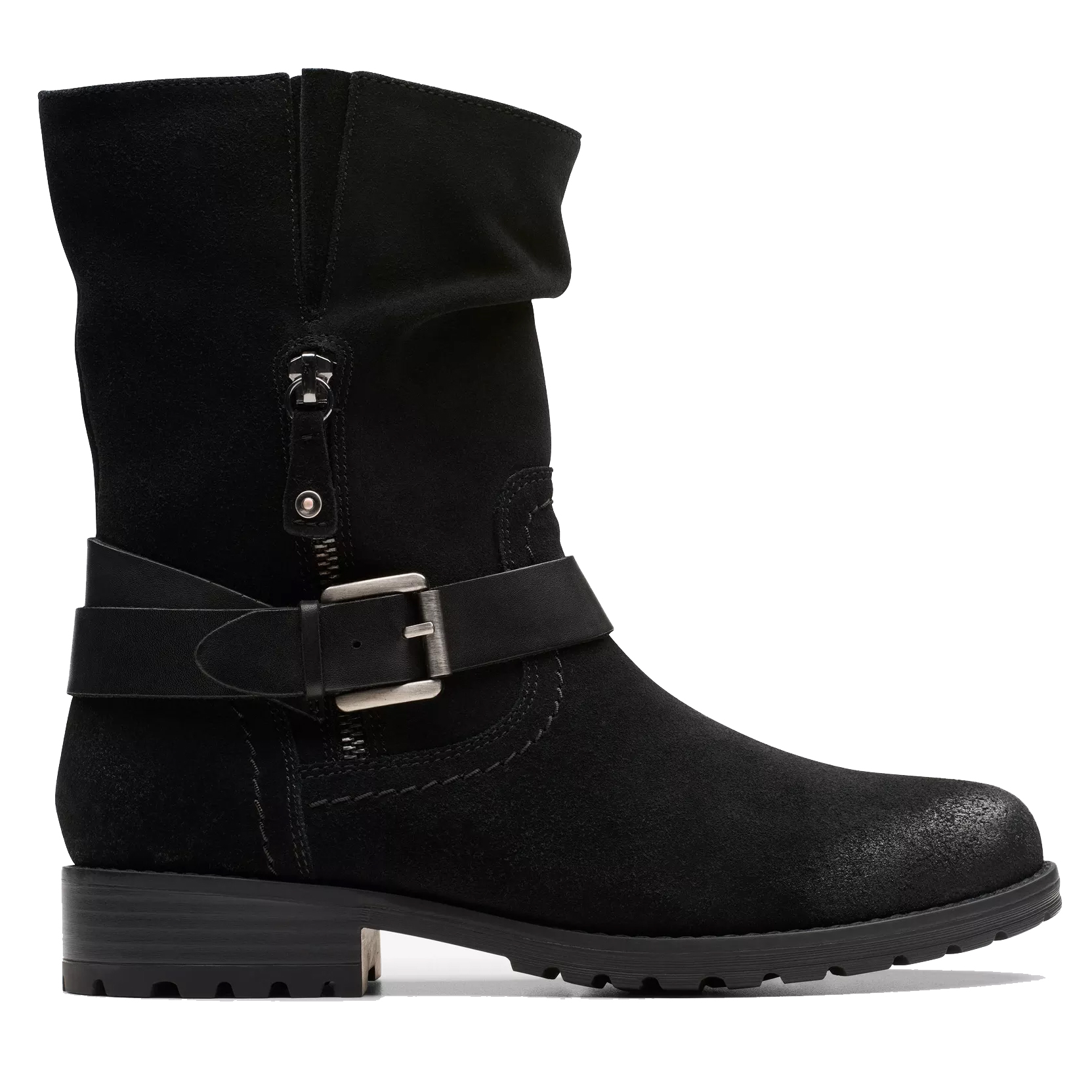 Black mid-calf suede boot with buckle detail, side zipper, and low heel.