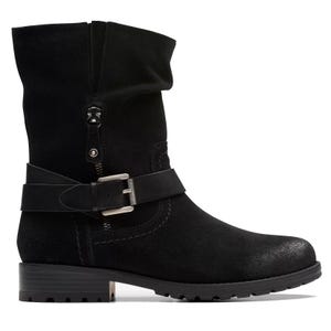 Black mid-calf suede boot with buckle detail, side zipper, and low heel.