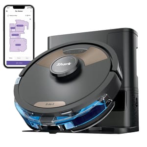 A Shark 2-in-1 robot vacuum and mop with a docking station is shown, alongside a smartphone displaying a cleaning map.