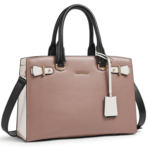 A stylish handbag with black handles, a detachable strap, and a pink and white body, featuring gold-tone hardware and a branded tag.