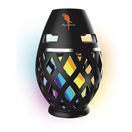 Aromatic diffuser with a black lattice design and colorful stained glass panels, featuring a bird logo on top.