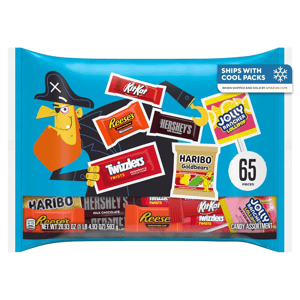 A candy assortment pack featuring Kit Kat, Reese's Miniatures, Hershey's Milk Chocolate, Twizzlers, Haribo Goldbears, and Jolly Rancher Lollipops, containing 65 pieces.