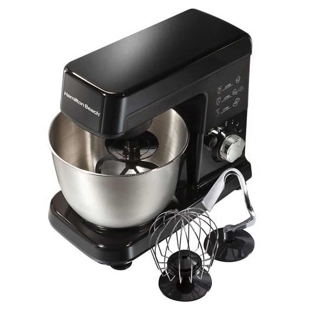 Hamilton Beach 3.5qt Stand Mixer in black features a stainless steel mixing bowl and comes with attachments including a whisk, dough hook, and flat beater.