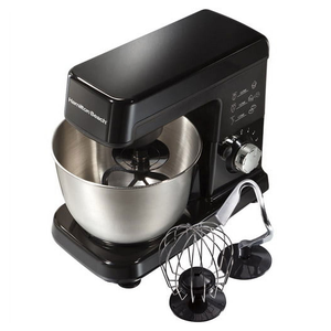Hamilton Beach 3.5qt Stand Mixer in black features a stainless steel mixing bowl and comes with attachments including a whisk, dough hook, and flat beater.