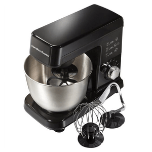 Hamilton Beach 3.5qt Stand Mixer in black features a stainless steel mixing bowl and comes with attachments including a whisk, dough hook, and flat beater.