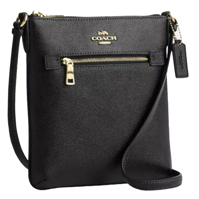 Black Coach crossbody bag with gold-tone hardware and zipper details.