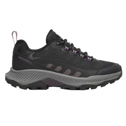 A black and dark gray Merrell hiking shoe with a textured mesh upper, purple accents, and a thick, rugged sole designed for outdoor trails.