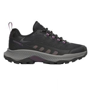 A black and dark gray Merrell hiking shoe with a textured mesh upper, purple accents, and a thick, rugged sole designed for outdoor trails.