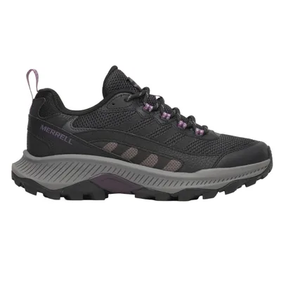 A black and dark gray Merrell hiking shoe with a textured mesh upper, purple accents, and a thick, rugged sole designed for outdoor trails.