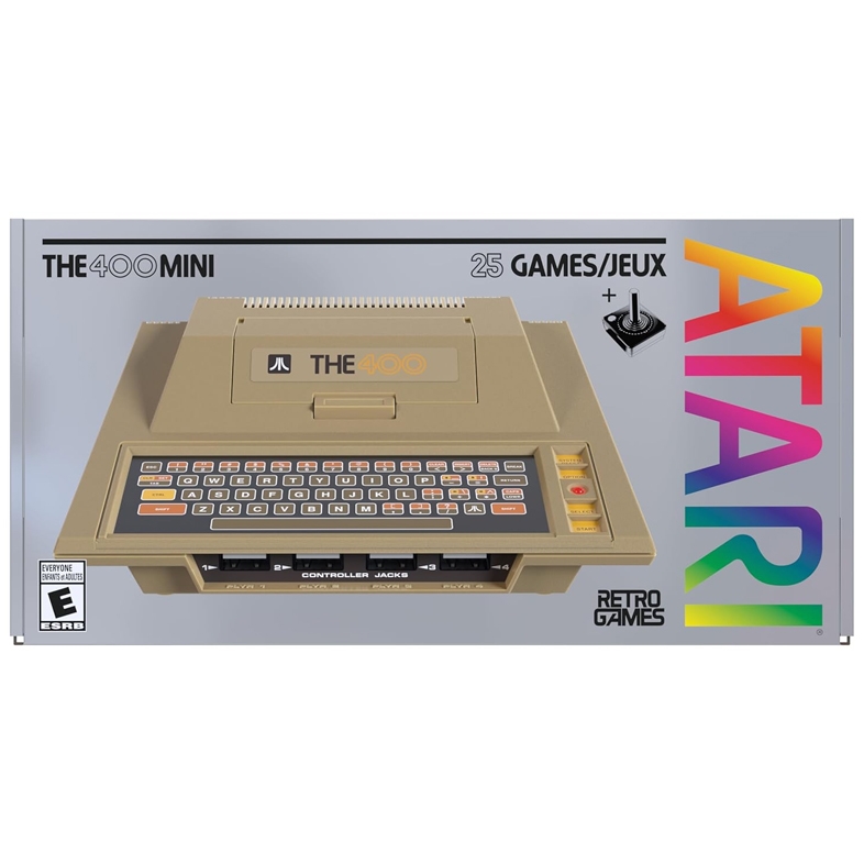 The Atari 400 Mini is a compact version of the classic Atari computer, featuring a vintage design and a keyboard. It includes 25 built-in games, a joystick, and is marked with a retro-themed rainbow \“Atari\“ logo.