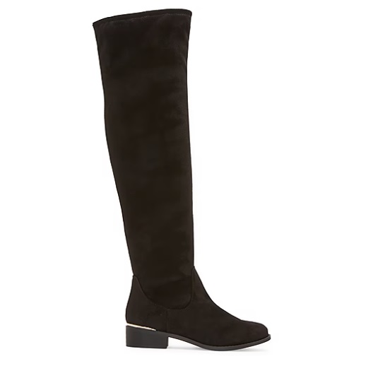 Black over-the-knee boot with a low heel, made of suede-like material.