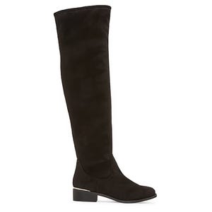 Black over-the-knee boot with a low heel, made of suede-like material.