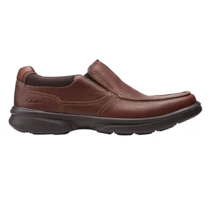 Brown leather slip-on shoe from Clarks with a durable, cushioned sole and visible stitching.