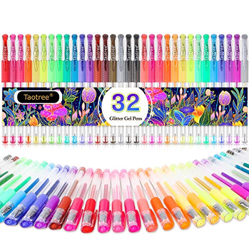 A set of 32 glitter gel pens in a variety of colors, with clear barrels and colored caps indicating the ink color. The packaging features a colorful floral design.