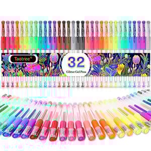 A set of 32 glitter gel pens in a variety of colors, with clear barrels and colored caps indicating the ink color. The packaging features a colorful floral design.